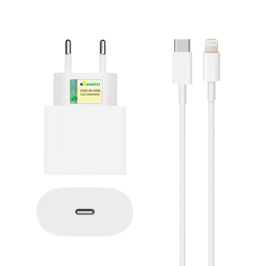 Kit Carregador iPhone Premium 20W - Cabo USB-C/Lightning + Fonte Compatível com iPhone 8 11 12 13 14 Pro SE XR X.